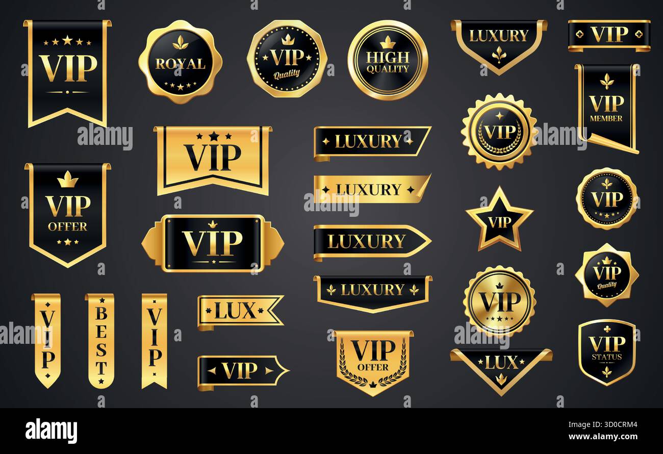 Labels de luxe VIP. Badges et autocollants de qualité supérieure dorés, éléments de conception de cadre élégants pour certificat, défilement et récompense. Vecteur luxueux isola Illustration de Vecteur