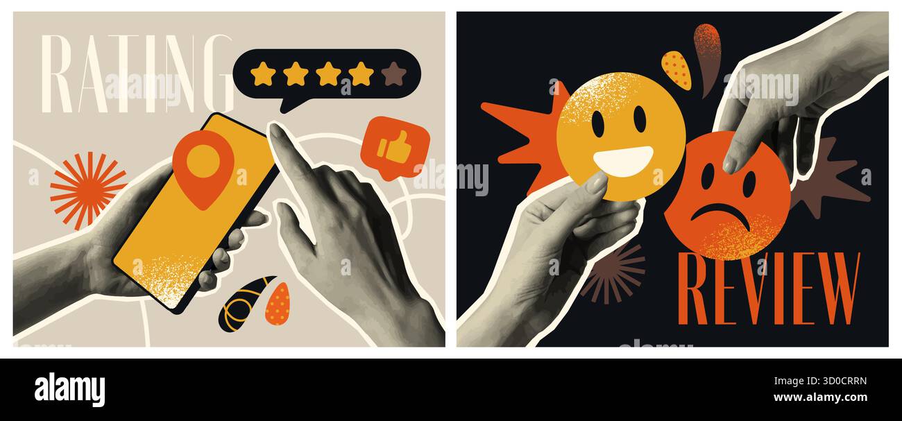 Collage demi-ton tendance. Bannières abstraites modernes avec des mains de texture granuleuse réaliste tenant smartphone et emoji. Commentaires, avis, notes. Vecteur Illustration de Vecteur