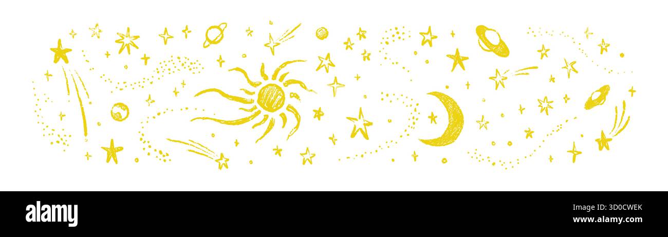 Ensemble d'éléments de conception de l'espace extérieur de crayon dessinés à la main jaune sur fond blanc. Motif céleste cosmique avec Lune, Soleil, étoiles filantes, planètes, com Illustration de Vecteur