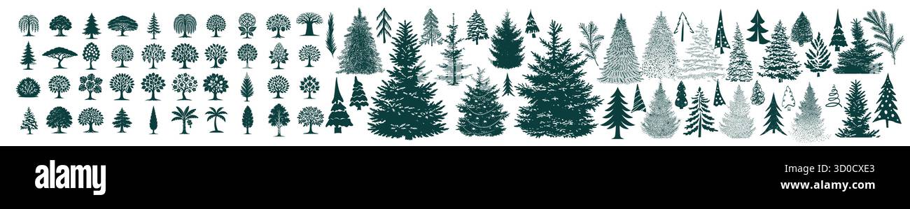 Silhouettes vertes d'arbres de Noël et ensemble de dessins animés plats d'arbre fruitier. Un ensemble d'arbres différents. Dessiné à la main. Pas ai, illustration vectorielle. Illustration de Vecteur