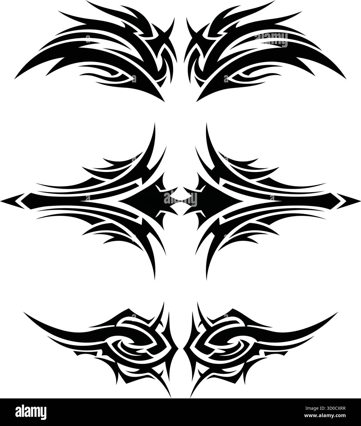 Tribal Tattoo Set – motifs de flamme symétrique noire avec ailes, étoile et tourbillons Illustration de Vecteur