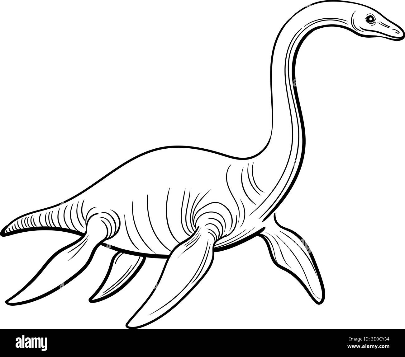 Plesiosaurus, illustration linéaire. Reptile marin préhistorique avec un long cou et quatre nageoires, contour noir et blanc, isolé sur blanc. Illustration de Vecteur