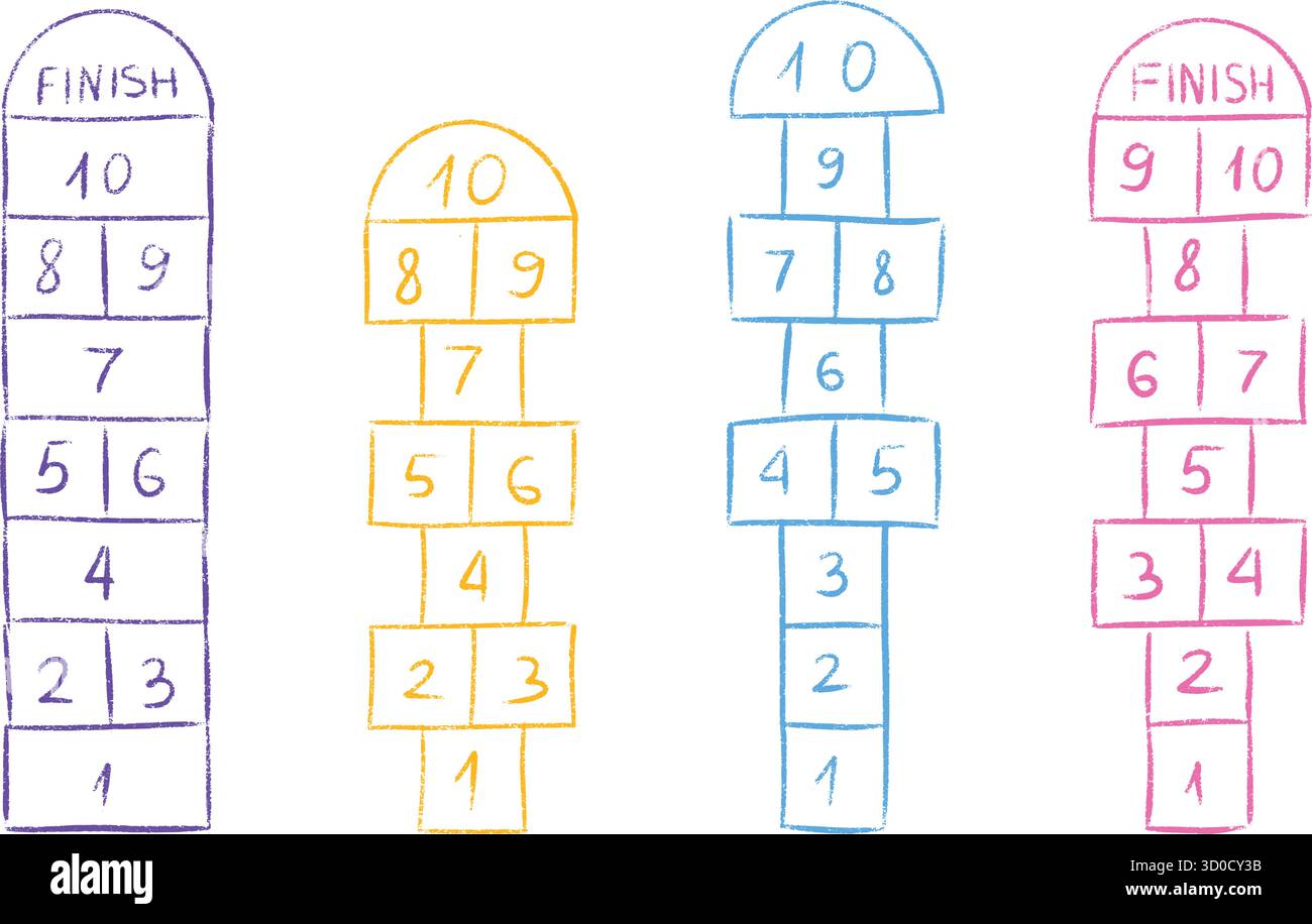Grilles de jeu de houblon dessinées à la craie à la main avec des carrés numérotés et des étiquettes de finition. Illustration de Vecteur