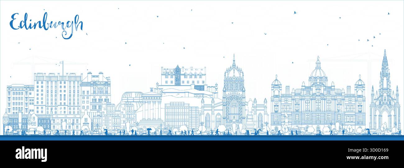 Esquissez les gratte-ciel d'Édimbourg en Écosse avec des bâtiments bleus. Illustration vectorielle. Paysage urbain d'Édimbourg avec des monuments. Illustration de Vecteur