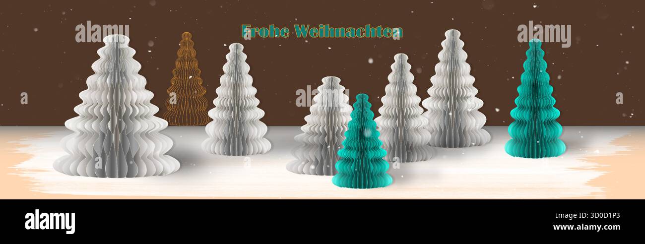 Les nouveaux arbres de Noël en nid d'abeilles de conception blanc cassé et bleu pétrole sont regroupés comme une forêt. Texte allemand : Joyeux Noël. De vraies chutes de neige. Illustration de Vecteur