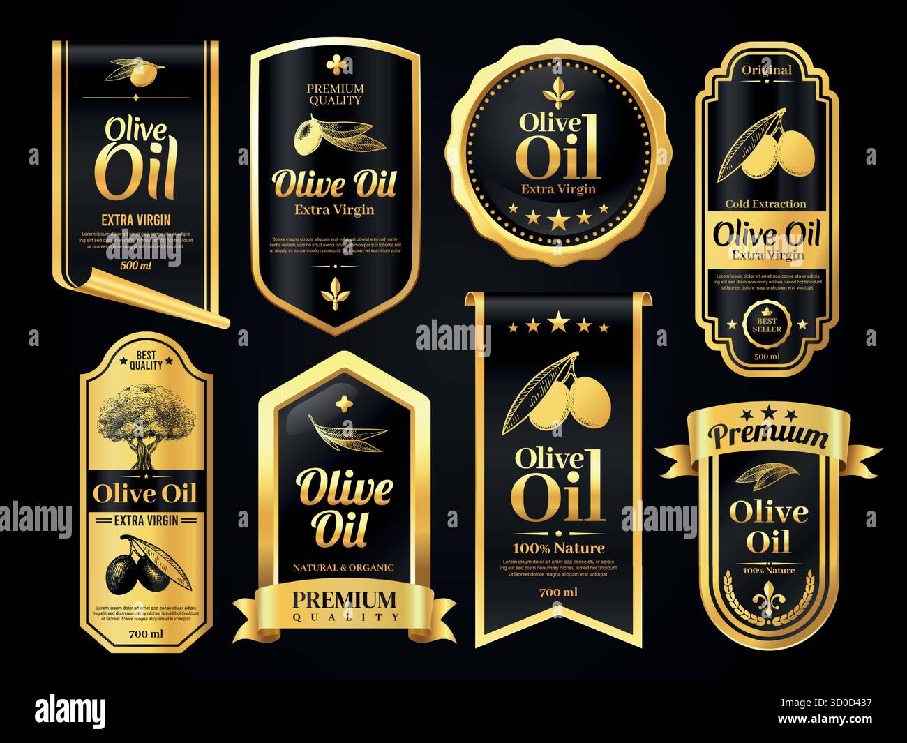 Etiquette huile d'olive. Produits biologiques étiquettes de qualité supérieure avec olives gravées, badges de récompense naturels pour la conception des emballages de bouteilles. Bannières d'olive vectorielles Illustration de Vecteur
