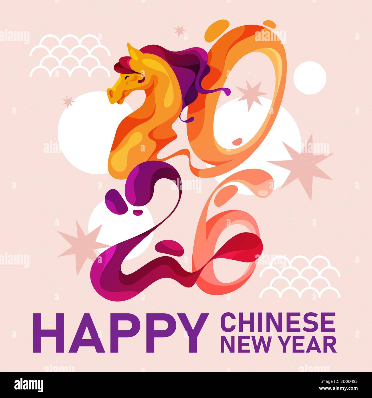 Nouvelle bannière de l'année du cheval du zodiaque oriental. Affiche de vacances chinoise de vecteur pour invitation de célébration ou salutation. Panneau CNY ou carte festive 2026. Chine ou signe du zodiaque asiatique. Équestre Xin Nian Kuai le. Illustration de Vecteur