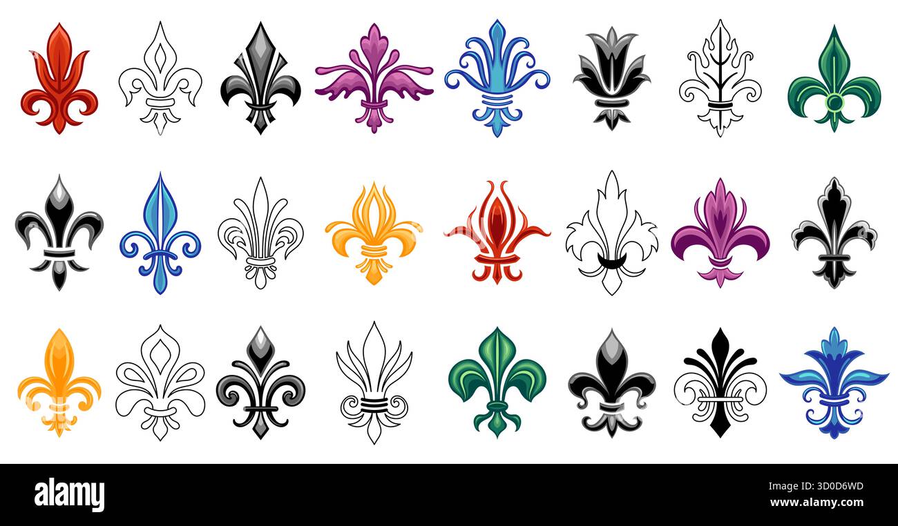 Lis héraldique. Fleur de lis couleur noire et icônes de ligne, logo emblème antique français, blason décoratif traditionnel fleurs pour badge héraldique d Illustration de Vecteur