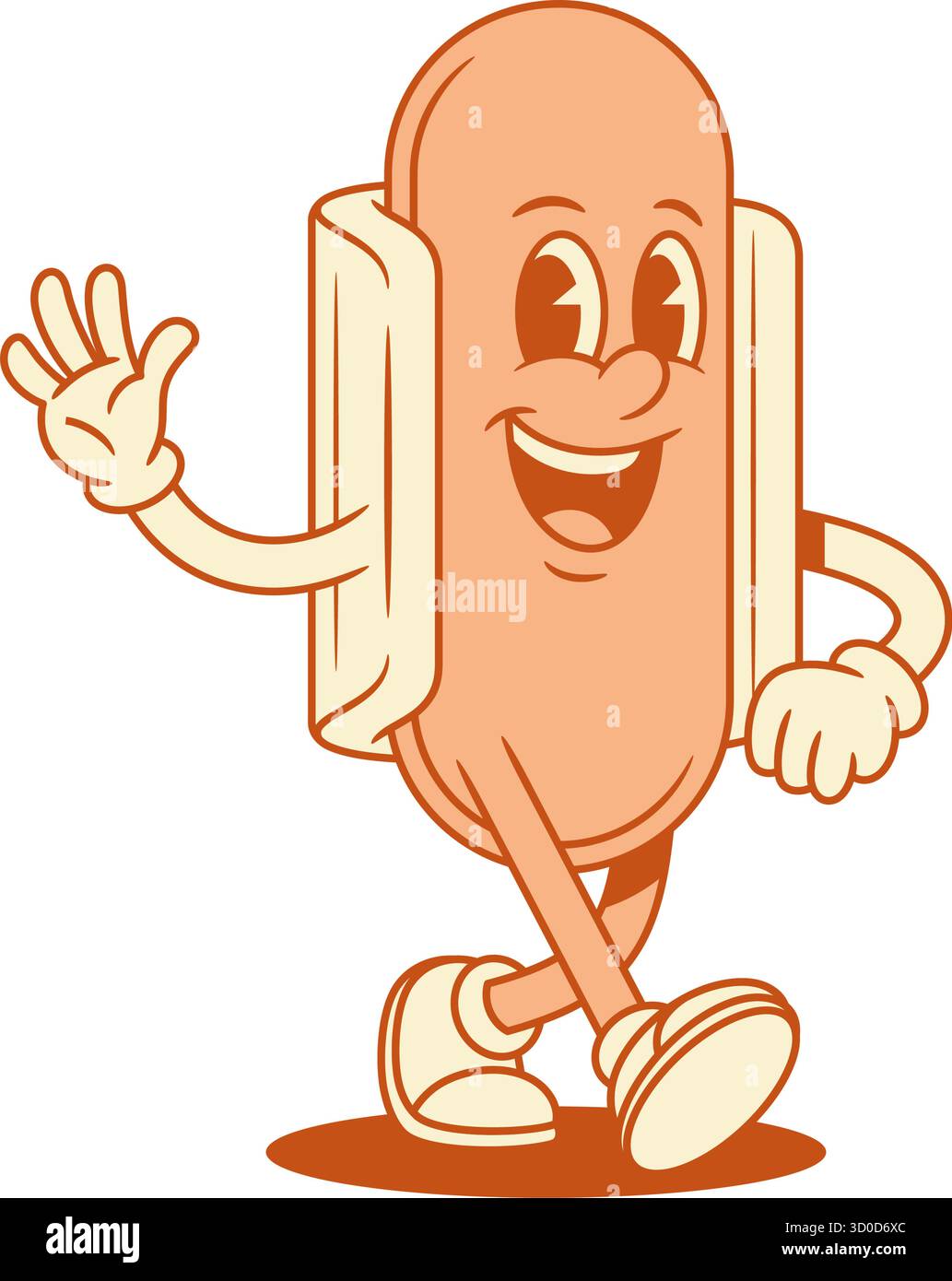 Heureux personnage de dessin animé hot dog saluant hi profilé illustration plate vectorielle. Souriant restauration rapide joyeuse avec saucisses et mascotte de pain marchant bonjour Illustration de Vecteur