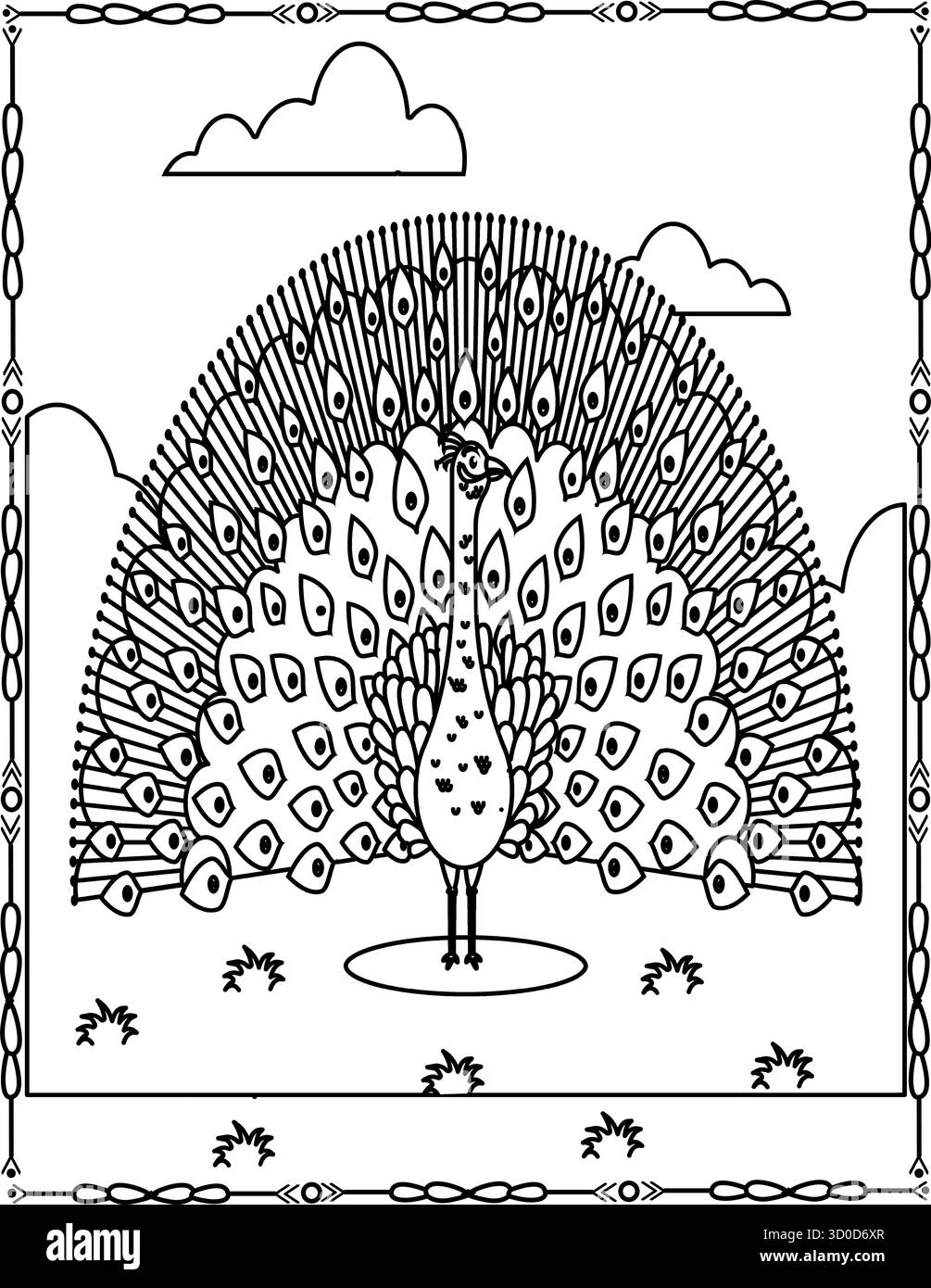 Dessin de contour de paon mignon pour livre de coloriage, page pour enfants et adultes. Illustration de Vecteur