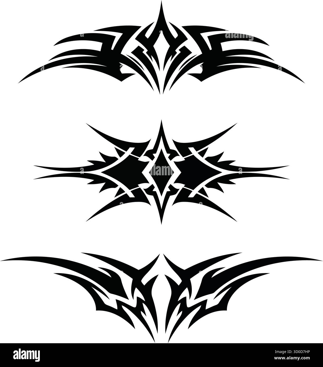 Ensemble Ribal Tattoo – motifs symétriques Wing, Flame et Horn en encre noire Illustration de Vecteur