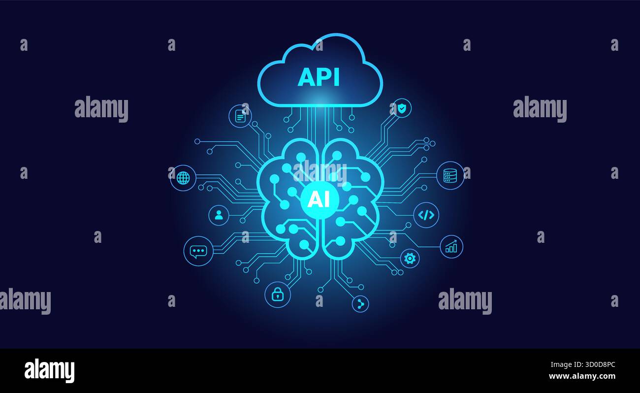 L'IA se connecte au cloud API et au réseau neuronal - vecteur de fond bleu de la technologie ai dans un style de ligne minimale plate futuriste - pour la présen commerciale de la technologie ai Illustration de Vecteur