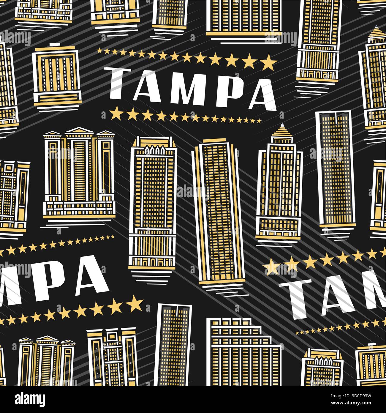 Vector Tampa Seamless Pattern, fond carré avec illustration de contour du célèbre paysage nocturne de la ville de tampa sur fond sombre pour le linge de lit, décora Illustration de Vecteur Vector Tampa Seamless Pattern, fond carré avec illustration de contour du célèbre paysage nocturne de la ville de tampa sur fond sombre pour le linge de lit, décora Illustration de Vecteur