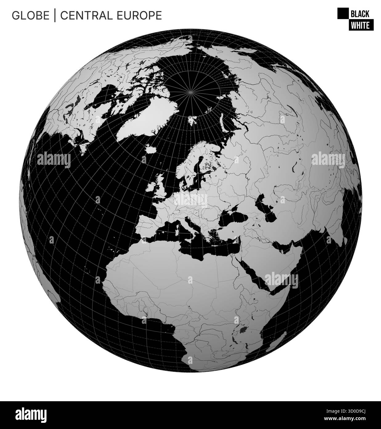 Globe vectoriel centré sur l'Europe centrale. Palette noir et blanc. Carte du monde avec méridiens, parallèles, pays, rivières et lacs. Illustration de Vecteur