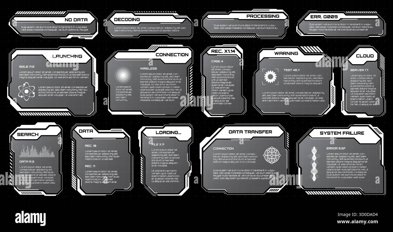 HUD futuriste blanc, éléments UI. Zones de texte et légendes de l'interface utilisateur SCI-fi. Cadres de message d'avertissement, modèle de boîtes d'information. Jeu moderne Illustration de Vecteur