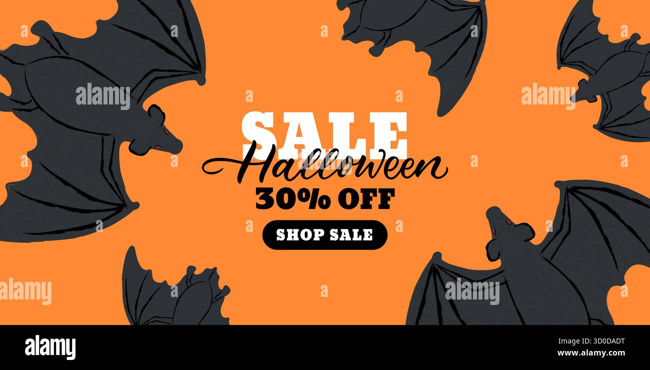 Cadre de bannière orange horizontale d'Halloween avec des chauves-souris volantes à l'aquarelle noire. Illustration vectorielle. Conception de fond de nuit effrayante pour affiche de fête, invi Illustration de Vecteur