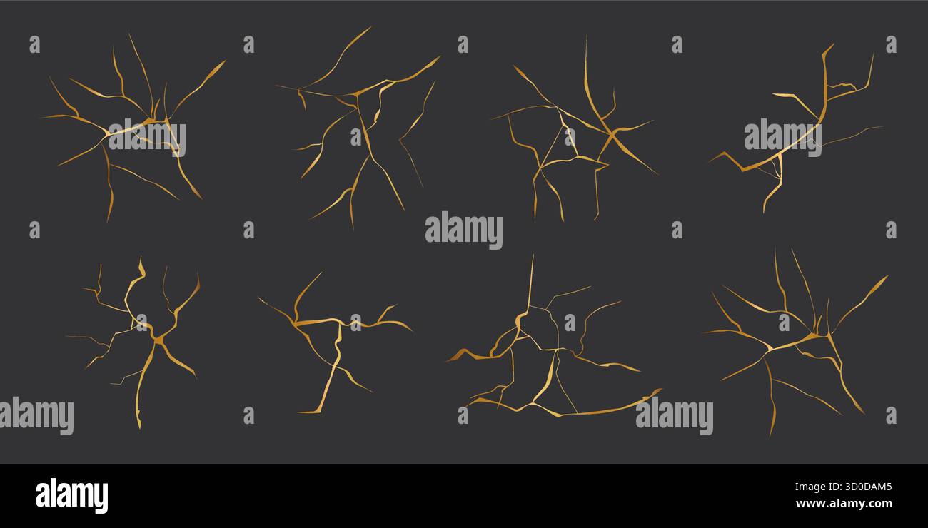 Effet de fissures dorées en kintsugi japonais sur fond noir. Pierre de marbre de luxe. Fissures d'or en porcelaine brisée. Texture de marbre. Design de luxe pour art mural, papier peint, carte de mariage, médias sociaux. Illustration vectorielle Illustration de Vecteur