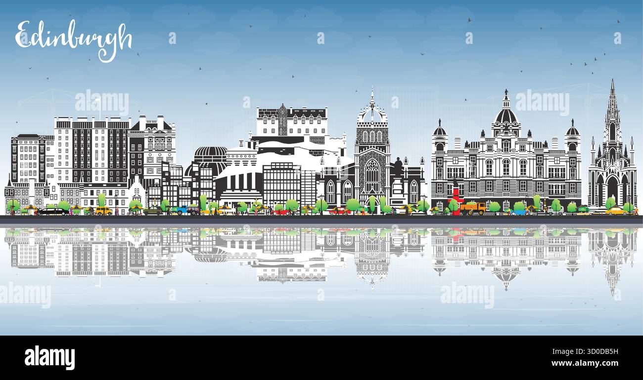 Edimbourg Écosse ville skyline avec des bâtiments de couleur, ciel bleu et reflets. Illustration vectorielle. Paysage urbain d'Édimbourg avec des monuments. Illustration de Vecteur
