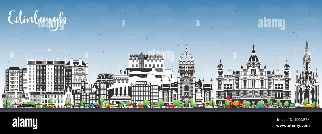 Edimbourg Écosse ville skyline avec des bâtiments de couleur et ciel bleu. Illustration vectorielle. Paysage urbain d'Édimbourg avec des monuments. Illustration de Vecteur