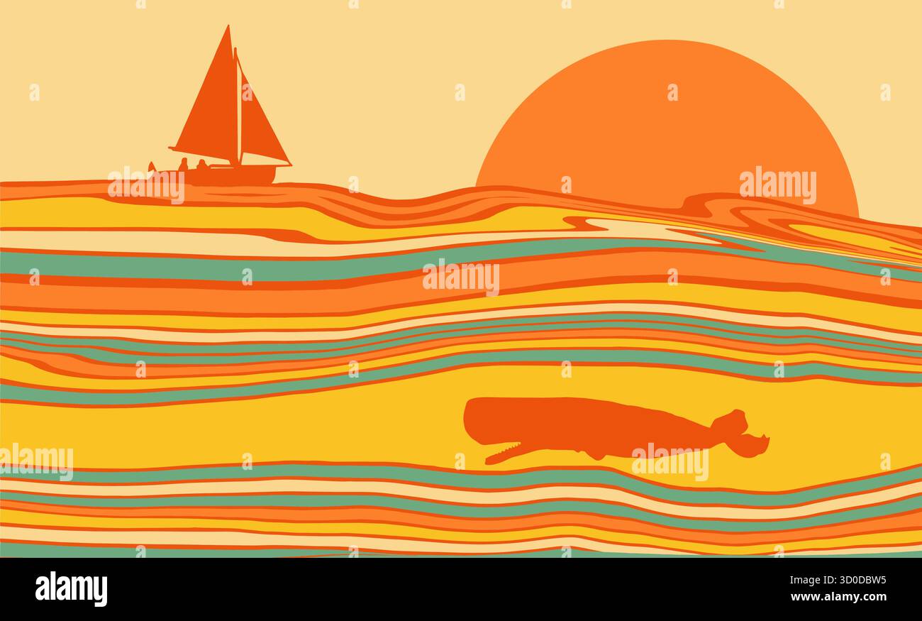 Un voilier est vu sur l'eau bouillonnante colorée en mer au coucher du soleil et une baleine est vue sous le bateau dans une illustration colorée sur le yachting ou la voile Illustration de Vecteur