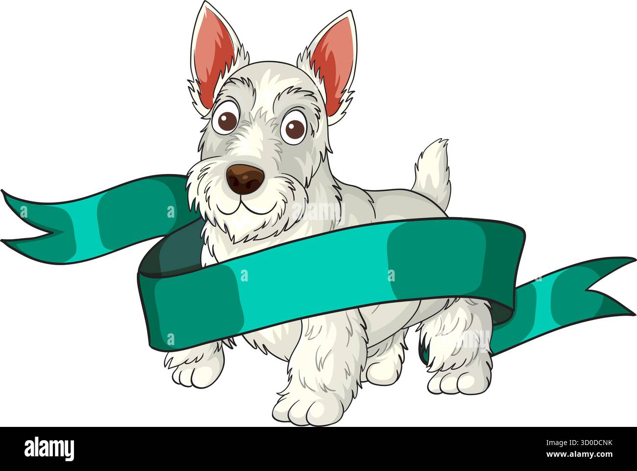 Joyeux West Highland White Terrier enveloppé dans un ruban sarcelle, vecteur de bande dessinée sur fond blanc. Illustration de Vecteur