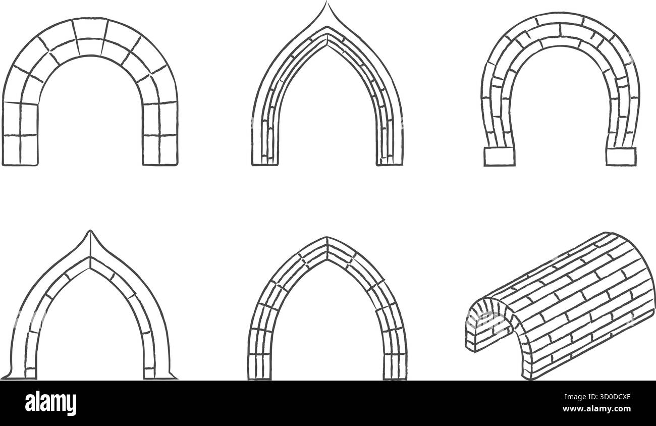 Un ensemble d'arcs esquissés montre des variations rondes pointues et segmentaires pour référence architecturale Illustration de Vecteur