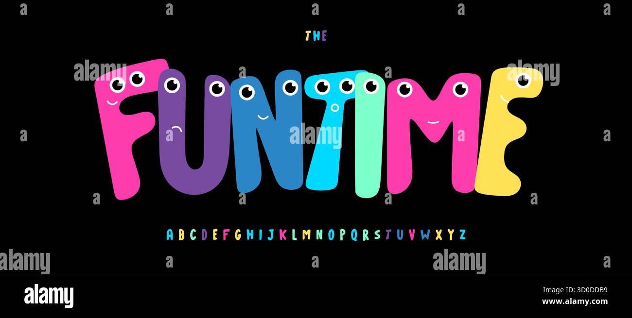 Funtime Color font, Children like Cartoon Alphabet, lettres créatives, Witty type Bright logo, Funny Headline, Children Typography, Play Room Kids zone Illustration de Vecteur