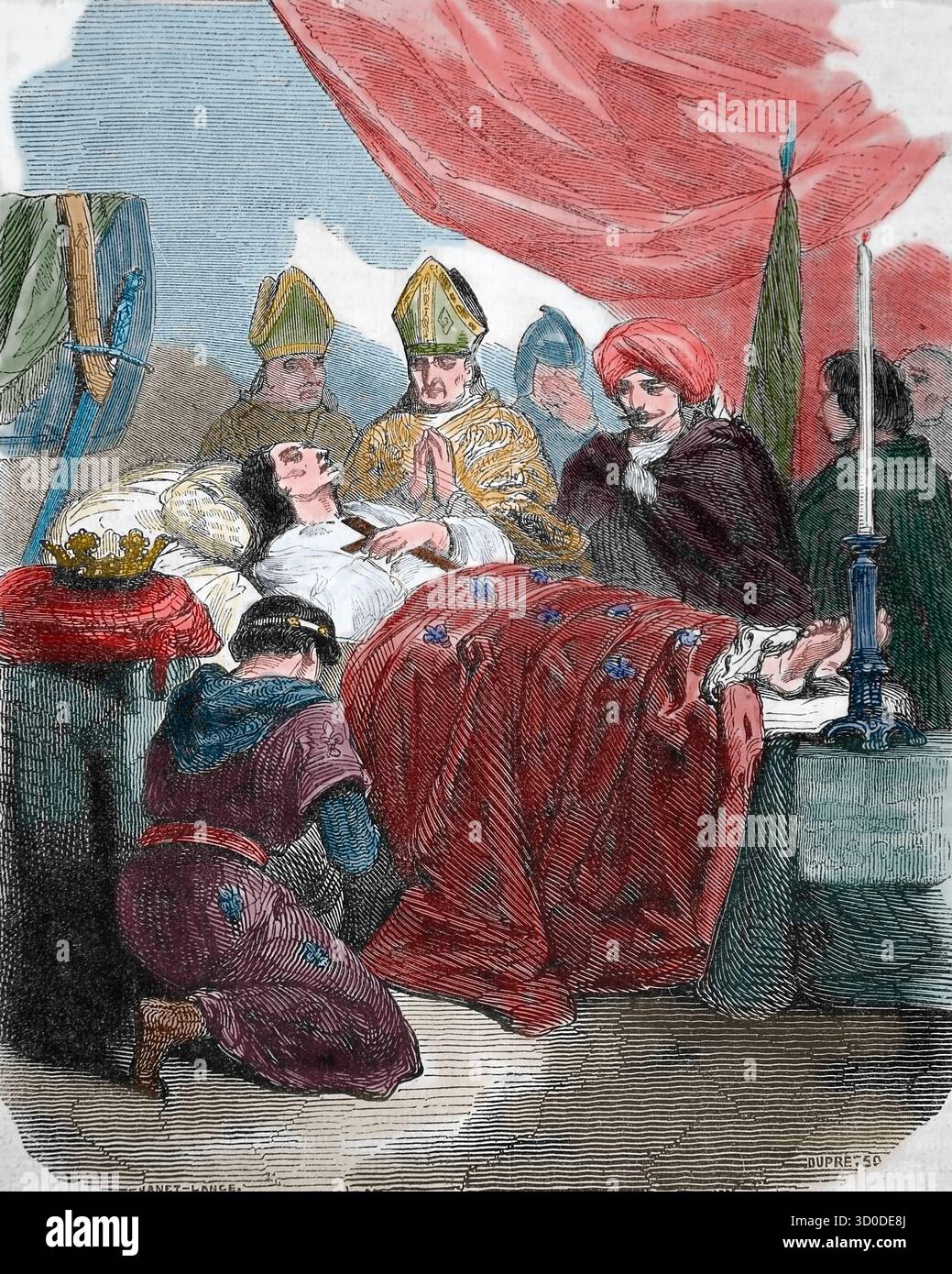 Louis IX de France (1214-1270) était sur son lit de mort à Tunis lors de la huitième croisade. Gravure, XIXe siècle. Banque D'Images