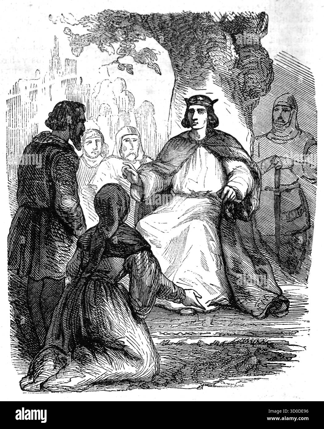 Le roi Louis IX (1214-1270) de France, est représenté administrant la justice aux paysans sous un chêne. Gravure, XIXe siècle. Banque D'Images