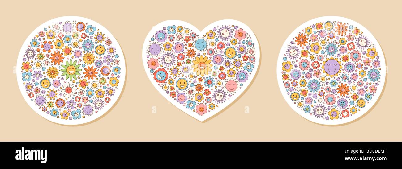 Ensemble de stickers cœur à fleurs rétro Groovy Illustration de Vecteur