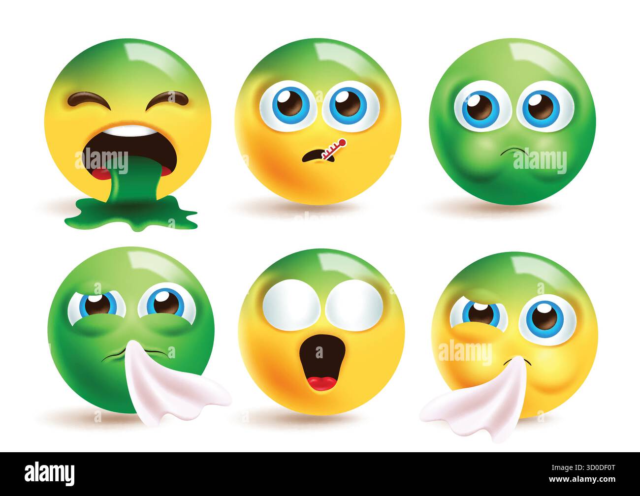 Emoji Sick Ill icône clipart set. Clip art de caractère emoji visage vert avec malaise, vomi, liquide vert, bouleversé et dégoûté collection 3d malsaine Illustration de Vecteur