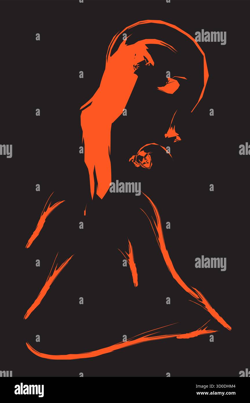 Affiche d'art mural abstrait audacieux représentant une figure humaine stylisée sur le côté. Rendu en lignes oranges fluides sur un fond noir, ce minima Illustration de Vecteur