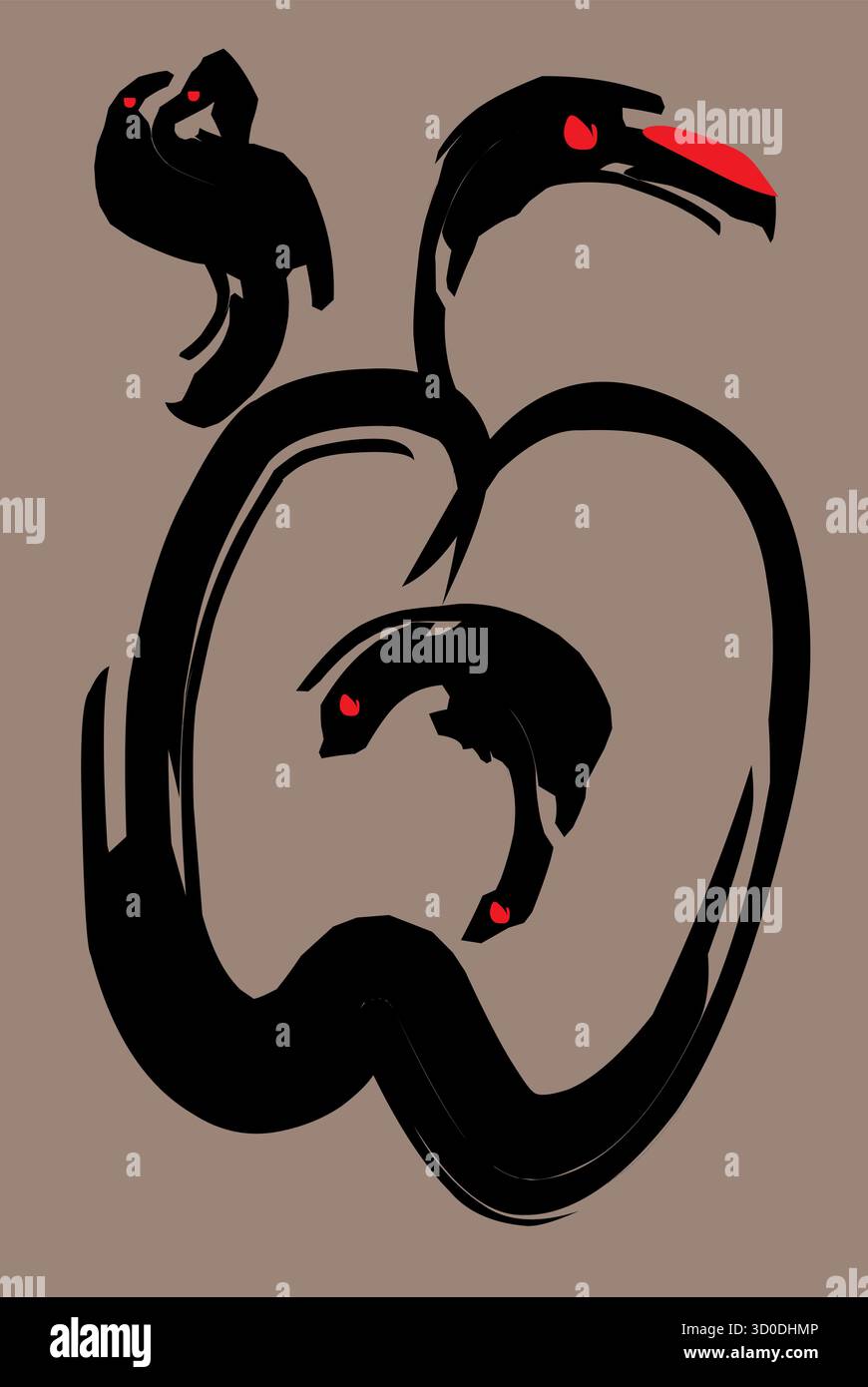 Une illustration vectorielle abstraite frappante mettant en vedette une pomme stylisée formée de coups de pinceau noirs fluides et de touches rouges. Placez contre un marron neutre b Illustration de Vecteur