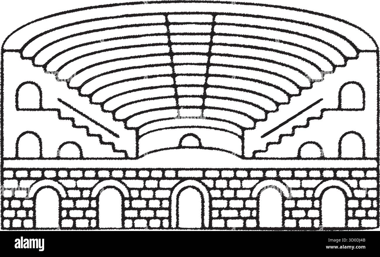 Un stade comme une arène avec des marches étagées et des ouvertures en arc est illustré en lignes monochromes Illustration de Vecteur
