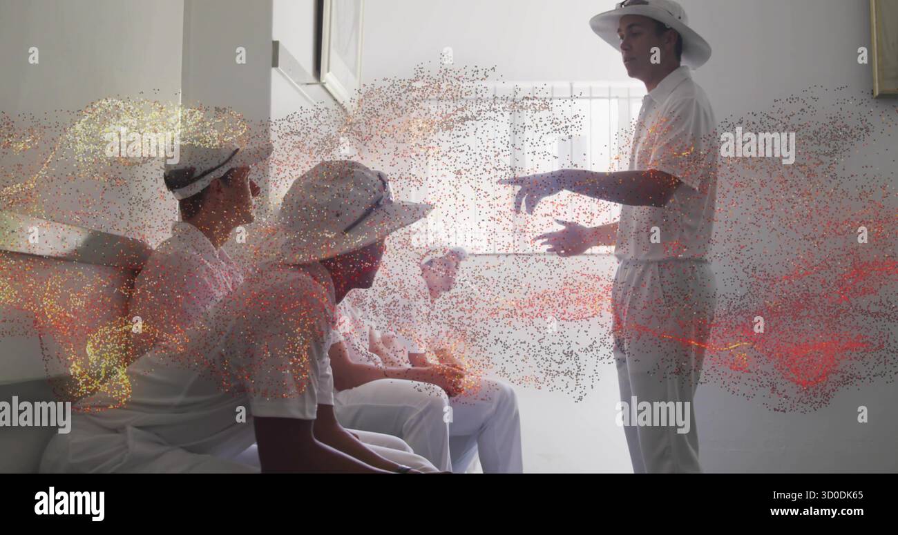 Faire des gestes à un membre de l'équipe debout portant un uniforme blanc et un chapeau de soleil dans un pavillon, avec une fenêtre barrée Banque D'Images