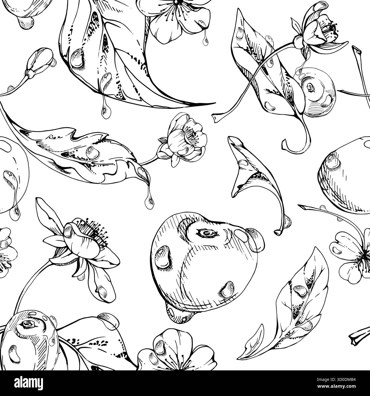 Feuilles de cerisier de ligne aigre douce, bourgeons de fleurs blanches, encre vectorielle dessinée à la main, baie cerise en grappes sur les tiges. Illustration de tuile de motif sans couture Illustration de Vecteur
