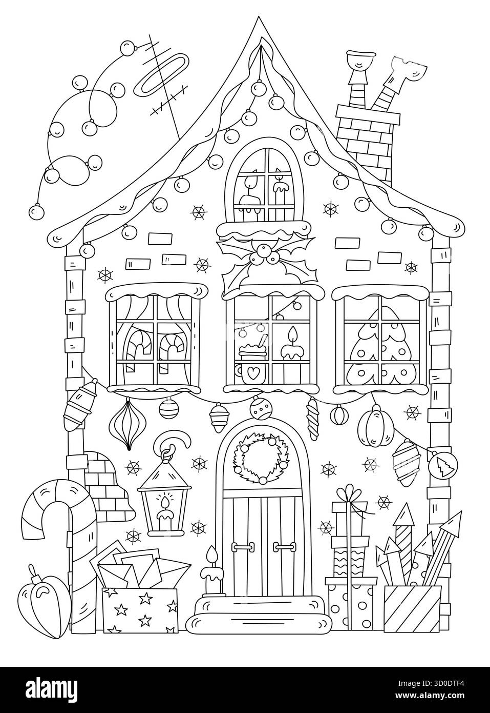 Page de coloriage festive de Cottage de Noël pour adultes et enfants Illustration de Vecteur