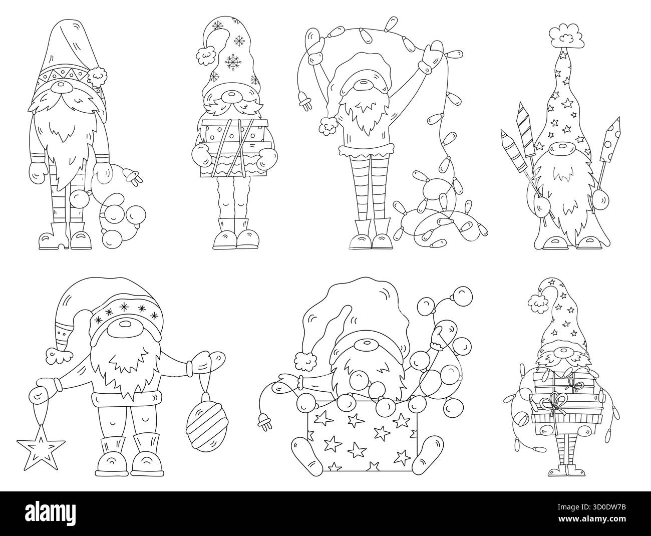 Page de coloriage de Noël et ensemble de Gnomes de Noël illustrés Illustration de Vecteur