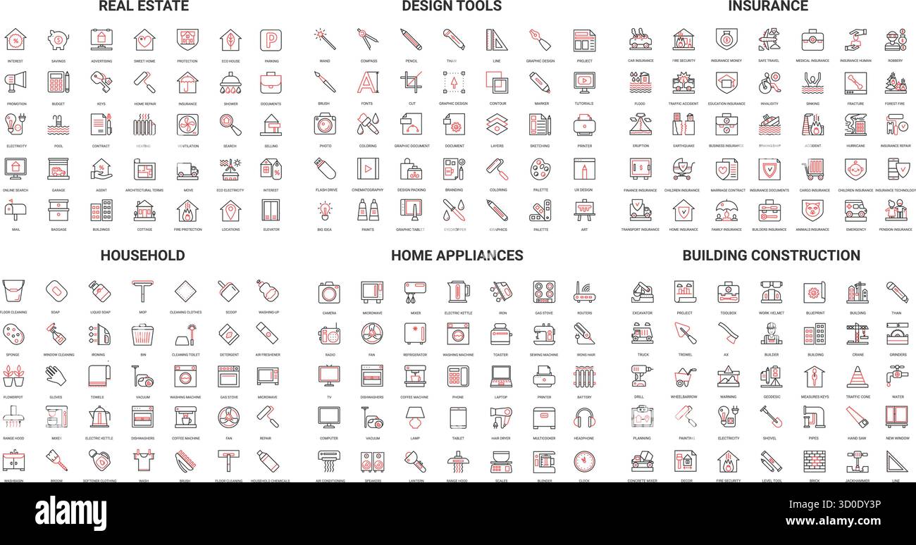 Ensemble complet d'icônes de ligne modernes pour l'immobilier, outils de conception, assurance, ménage, appareils ménagers, et construction de bâtiment isolé sur l'illustration vectorielle de fond blanc Illustration de Vecteur