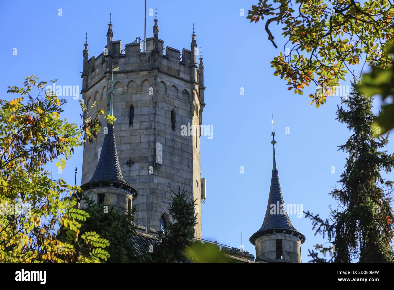 Château de Marienburg, ancienne résidence d'été des rois de Hanovre, construit dans un style néo-gothique par le roi George V sur Marienberg, Pattensen, Hanover regio Banque D'Images Château de Marienburg, ancienne résidence d'été des rois de Hanovre, construit dans un style néo-gothique par le roi George V sur Marienberg, Pattensen, Hanover regio Banque D'Images