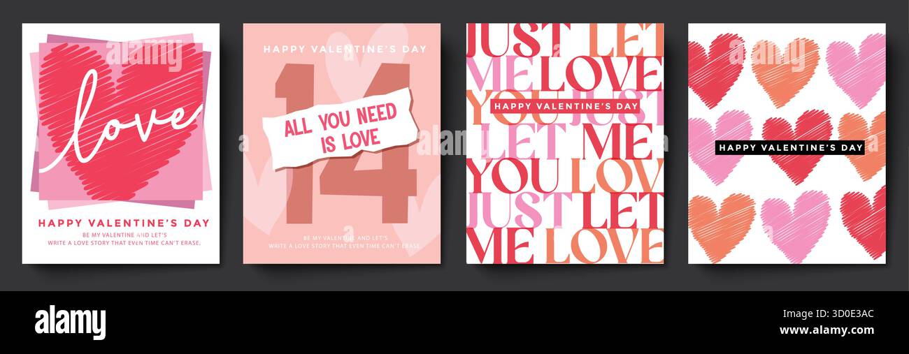 Pack d'affiches de la Saint-Valentin avec des illustrations de coeur et des mises en page de texte sur le thème de l'amour Illustration de Vecteur