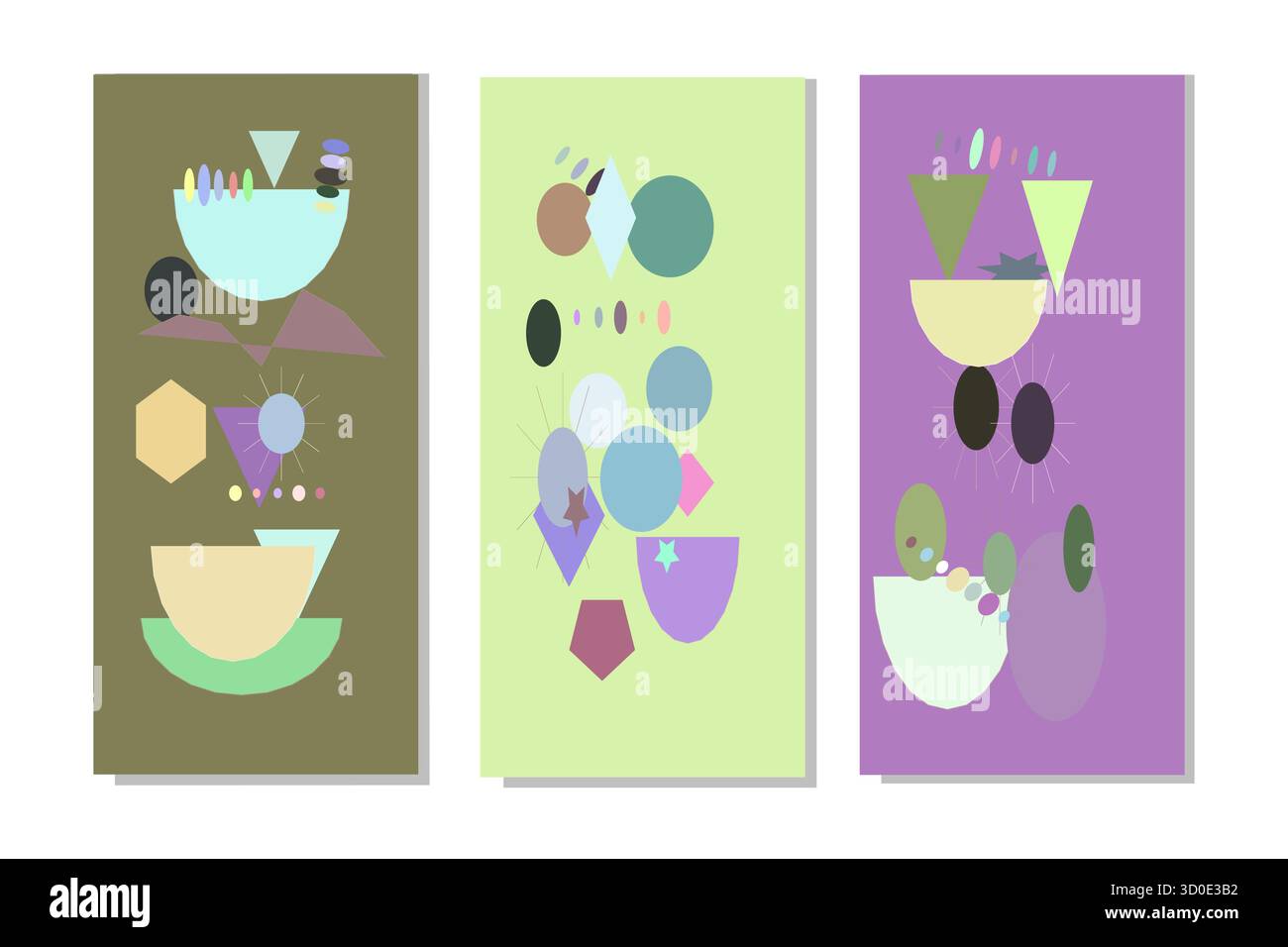 Une collection vibrante de trois imprimés d'art mural géométriques abstraits, présentant des compositions dynamiques de formes fragmentées dans une palette harmonieuse de golde Illustration de Vecteur