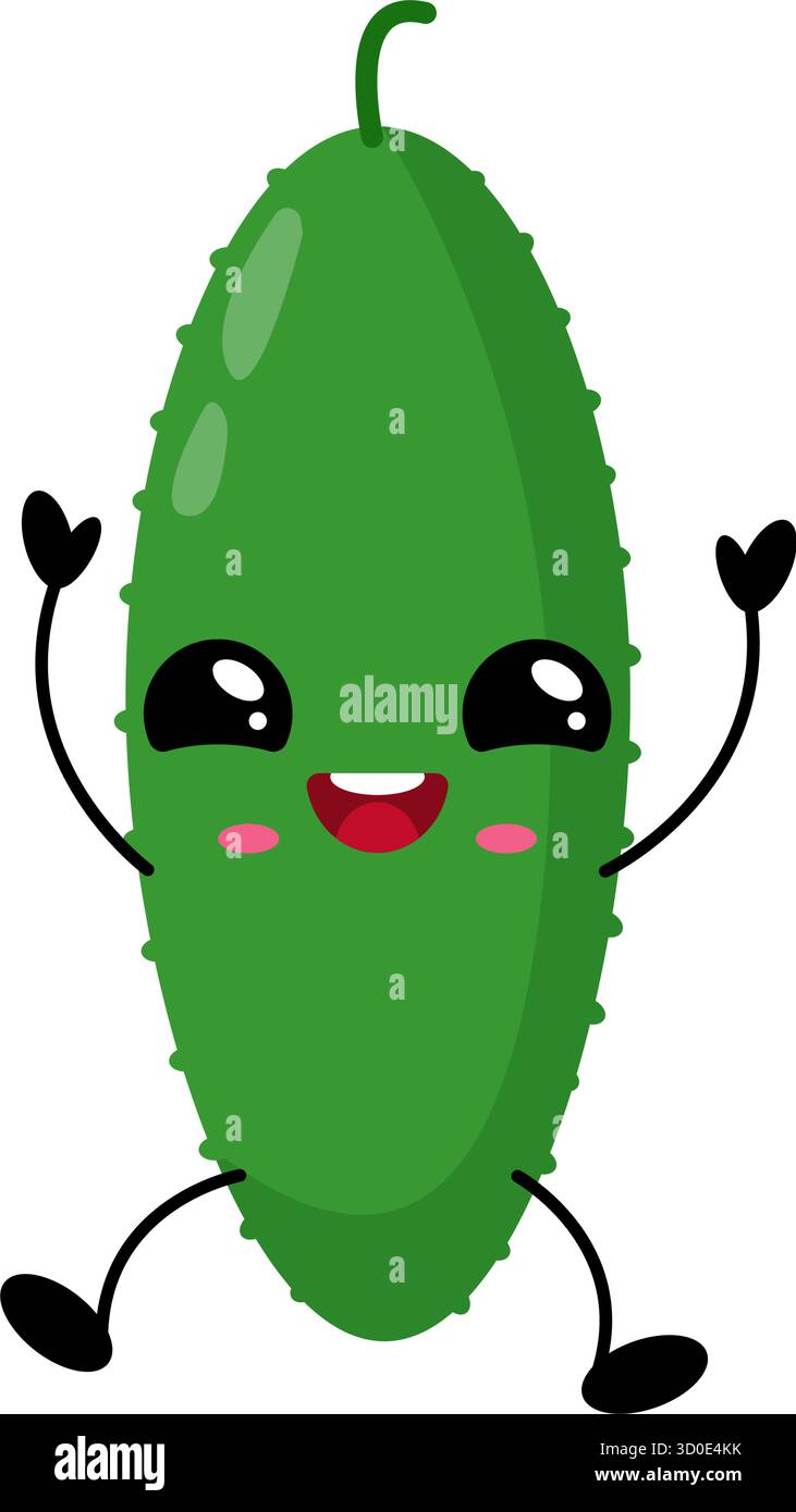 Concombre vert joyeux avec de grands yeux et sourire, isolé sur blanc. Mascotte végétale saine et ludique pour l'alimentation, les menus végétaliens, les marchés agricoles, les autocollants et Illustration de Vecteur