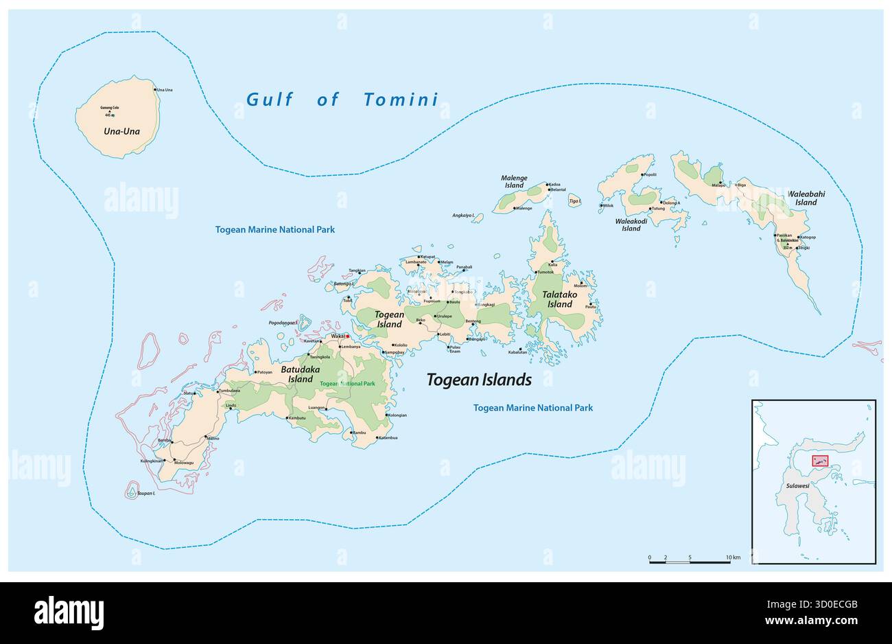 Carte des îles Togian, Sulawesi, Indonésie Banque D'Images Carte des îles Togian, Sulawesi, Indonésie Banque D'Images