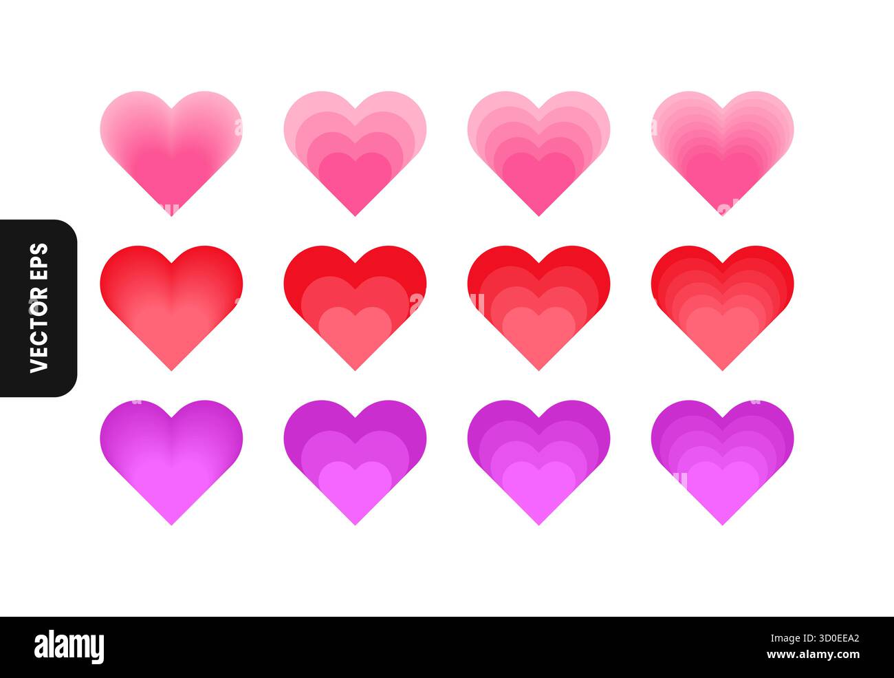 Ensemble d'icônes vectorielles de coeur dégradé en rouge rose et violet sur fond blanc parfait pour la Saint-Valentin ou la conception romantique Illustration de Vecteur