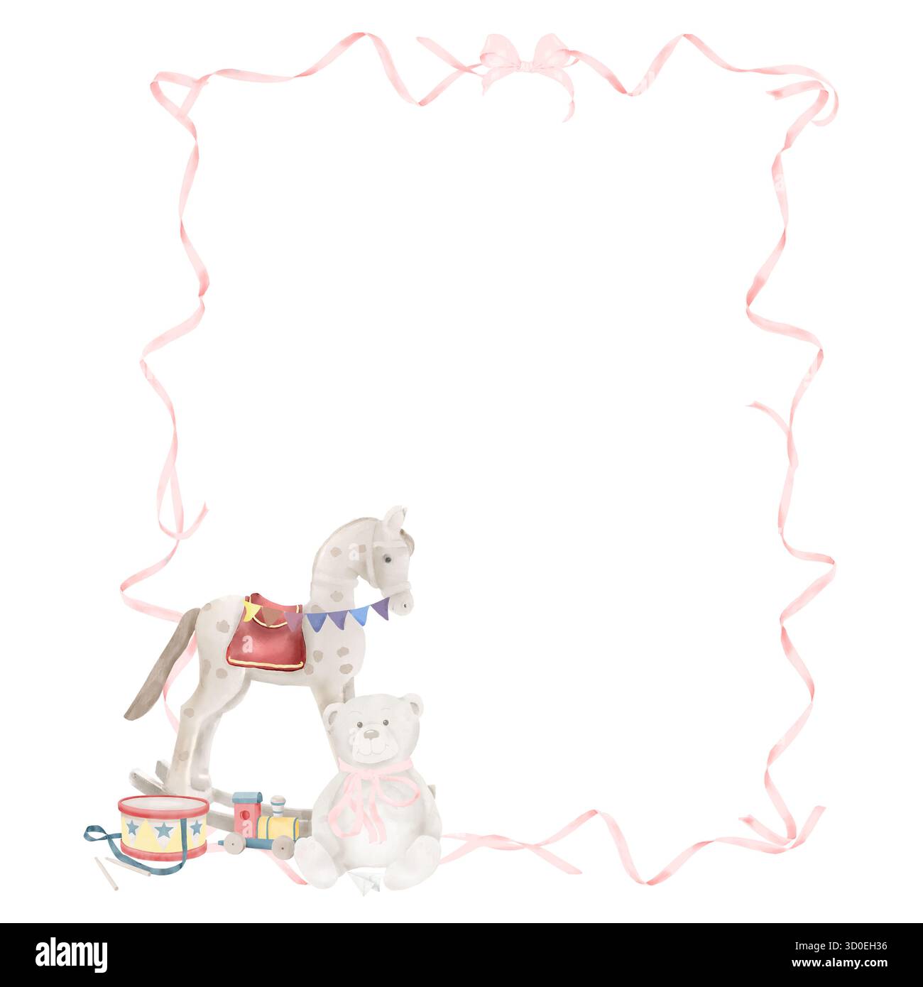 Drôle de carte pour enfants avec un cheval à bascule, un ours en peluche et des jouets pour enfants. Illustration aquarelle. Cadre de rubans, tambour et train isolé sur whit Banque D'Images