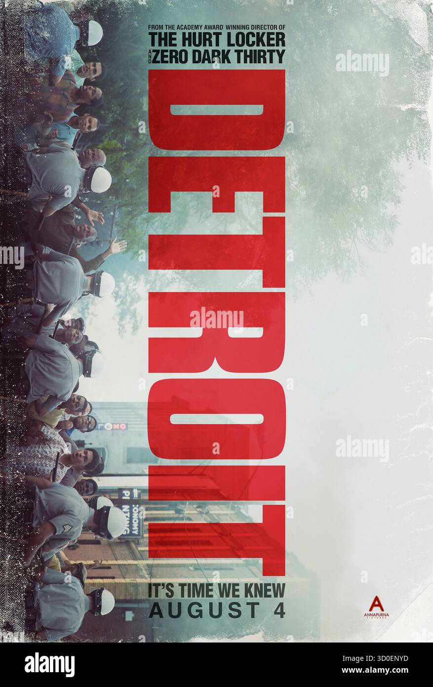 Detroit (2017) réalisé par Kathryn Bigelow avec John Boyega, Will Poulter et Algee Smith. En 1967, Detroit, la brutalité policière et les troubles civils ont conduit à un siège douloureux au motel d'Alger, exposant le racisme systématique et l'injustice. Photographie d'une affiche originale US Advance de 2017 À USAGE ÉDITORIAL EXCLUSIF. Crédit : BFA / Annapurna Pictures Banque D'Images
