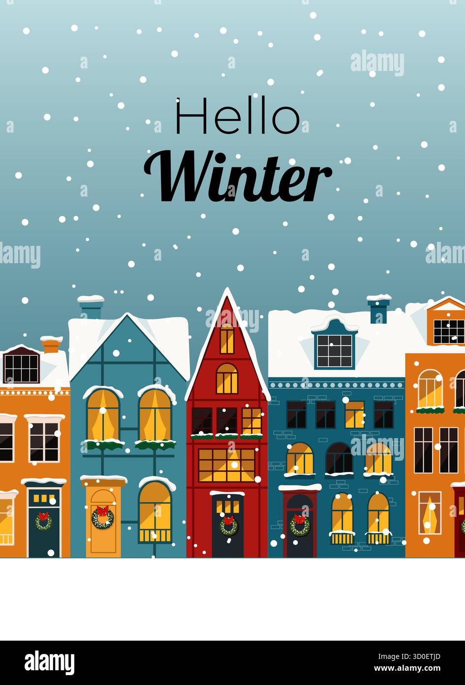 Carte festive bonjour d'hiver avec des maisons enneigées colorées, des flocons de neige et une ambiance saisonnière chaleureuse. Illustration de Vecteur