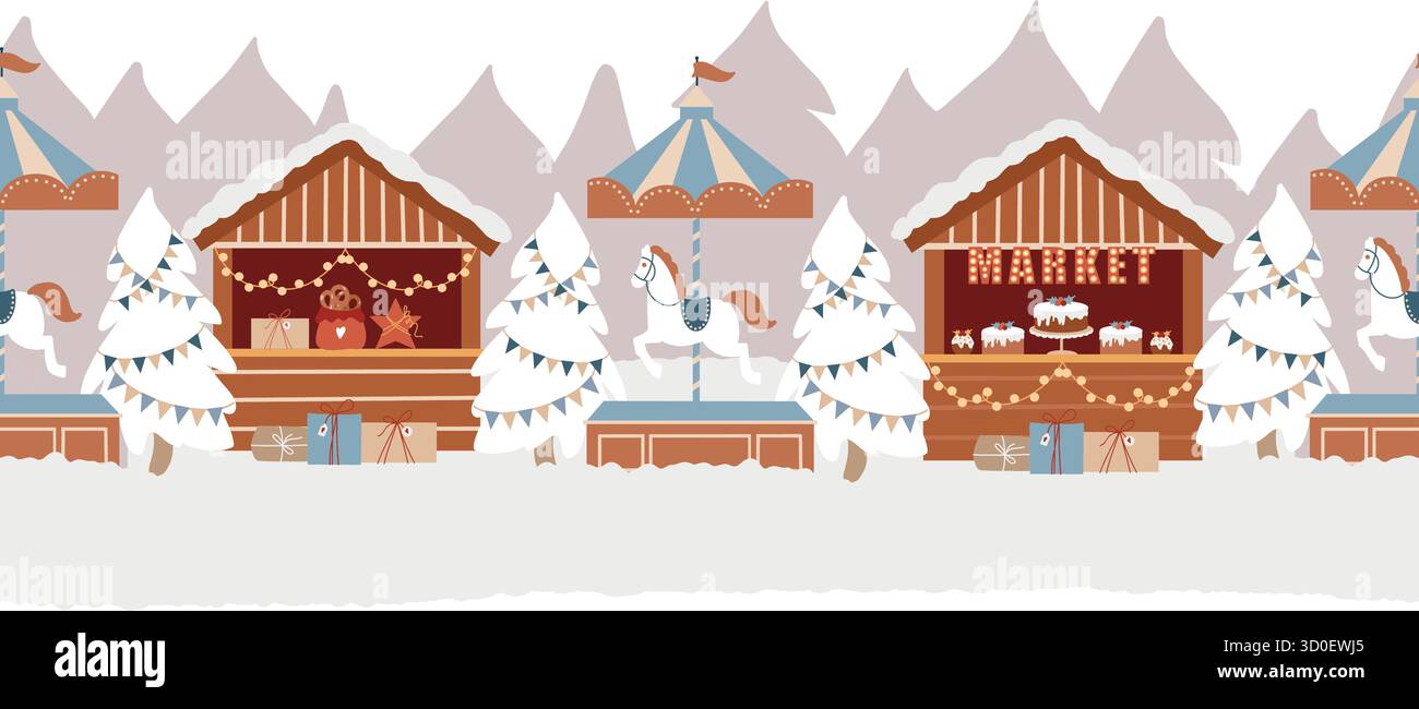 Bordure vectorielle transparente. Parc d'attractions d'hiver, marché de Noël, ville d'hiver, rue de Noël. Foire de Noël, marché, étals, carrousel avec chevaux, Illustration de Vecteur