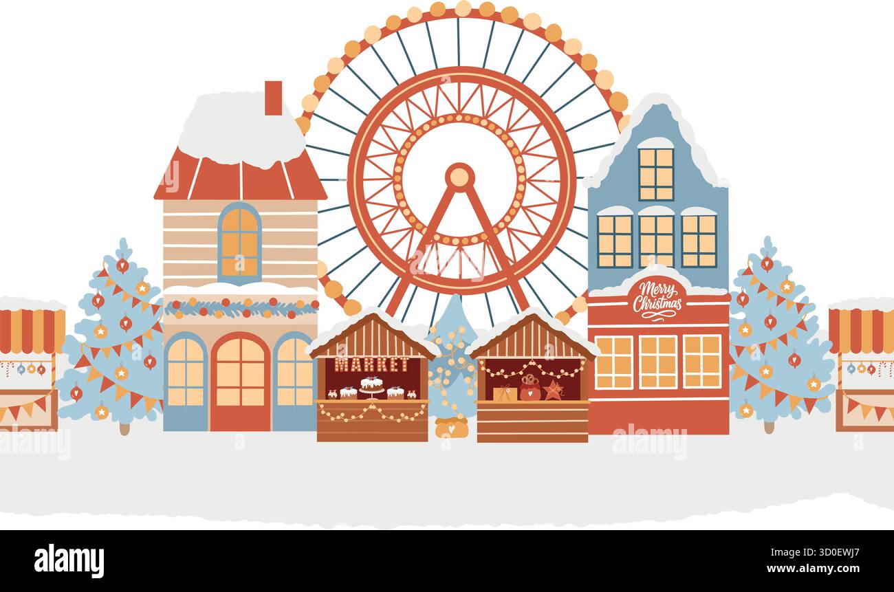 Bordure vectorielle transparente. Parc d'attractions d'hiver, marché de Noël, ville d'hiver, rue de Noël. Foire de vacances de Noël, grande roue, arbre de Noël, Illustration de Vecteur